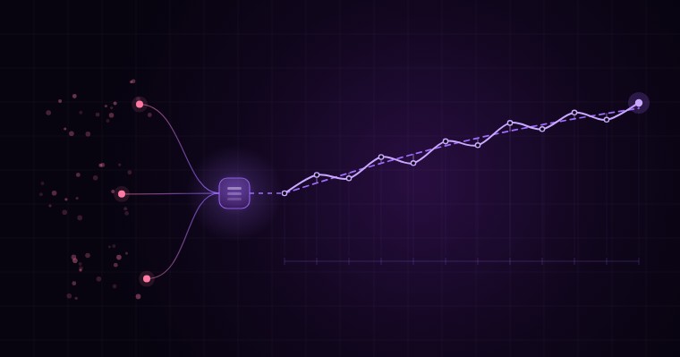 Scattered pink data points drawn into one violet source, from which two lines, budget and actual, run side by side and track each other